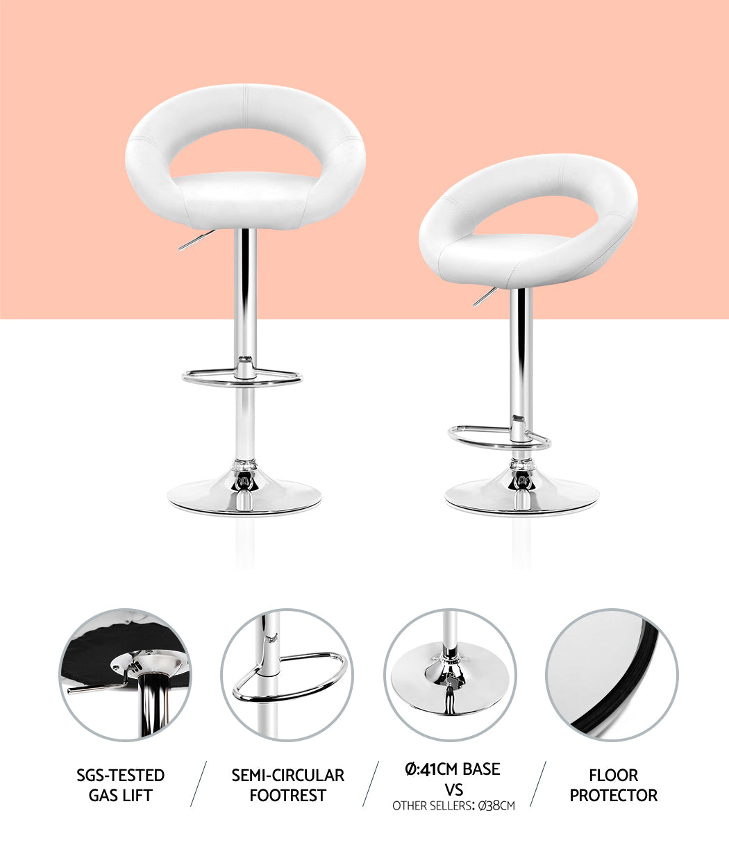 Artiss 2x Gas Lift Bar Stools Swivel Chairs Leather Chrome White