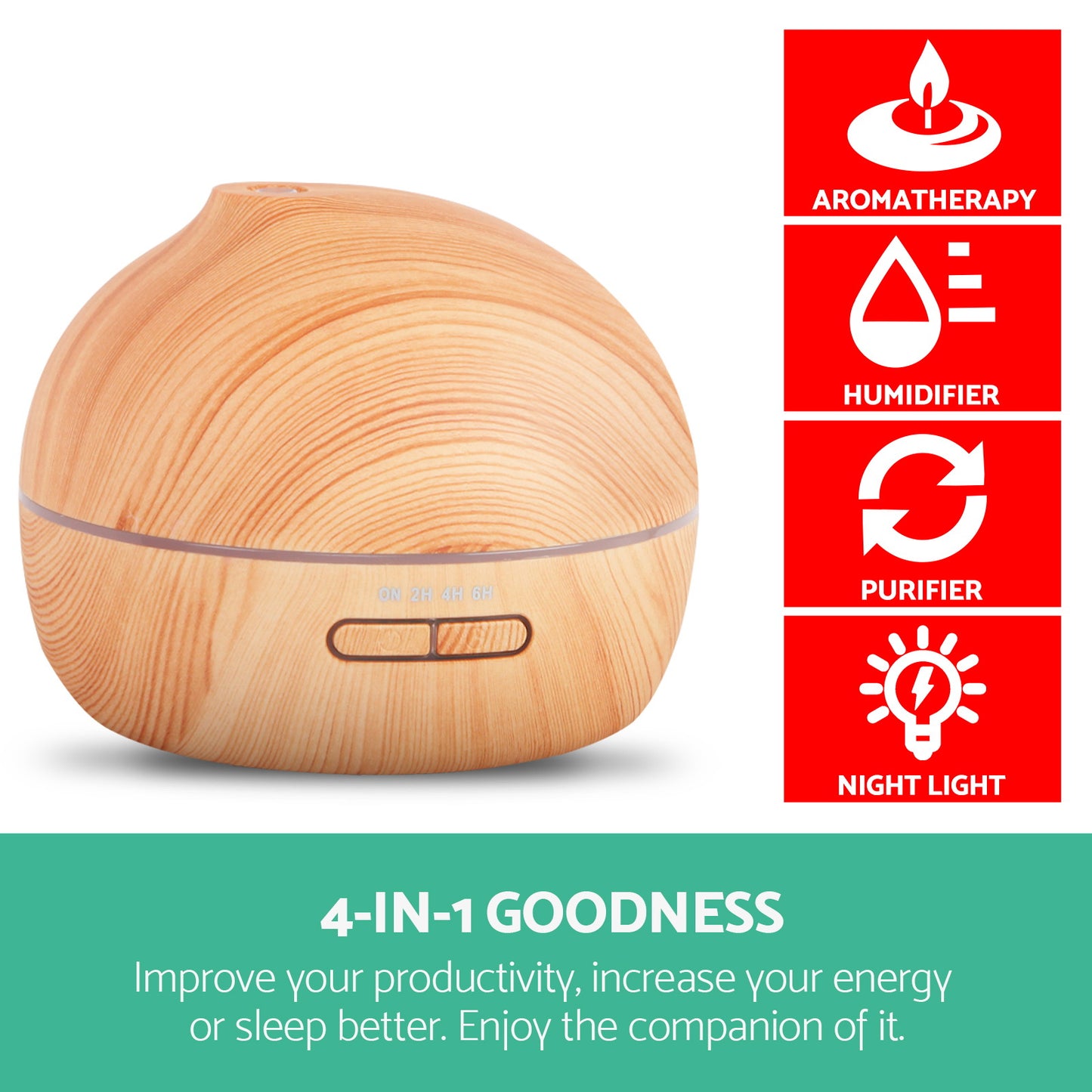 4 in 1 Ultrasonic Aroma Diffuser 300ml - Light Wood