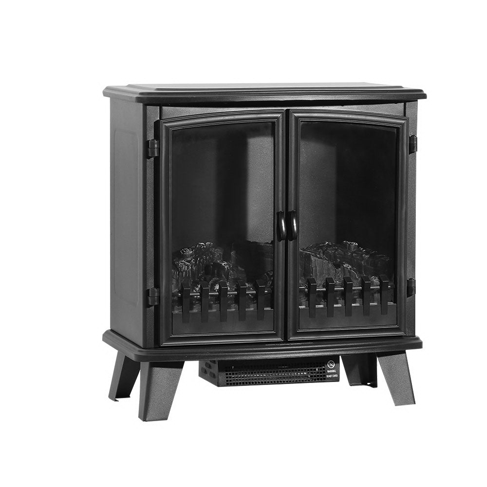 Devanti Electric Fireplace Heater Portable Fire Log Wood Effect Dual Door 1800W Black