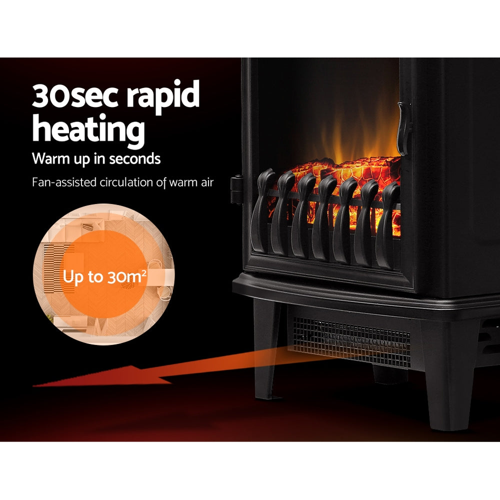 Devanti Electric Fireplace Heater Portable Fire Log Wood Effect Single Door 1800W Black