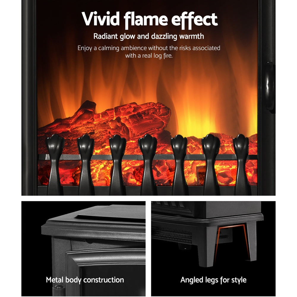 Devanti Electric Fireplace Heater Portable Fire Log Wood Effect Single Door 1800W Black