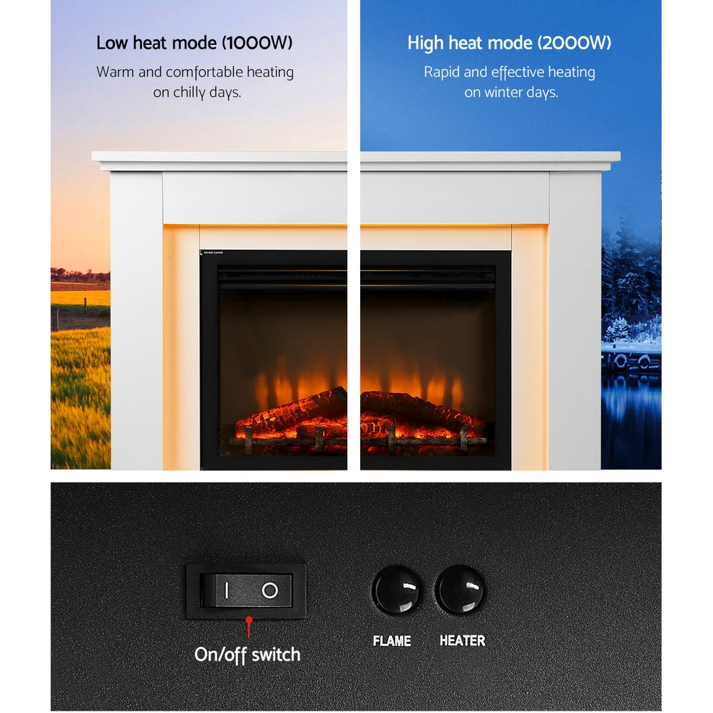 Devanti 2000W Electric Fireplace Mantle Portable Fire Log Wood Heater 3D Flame Effect White