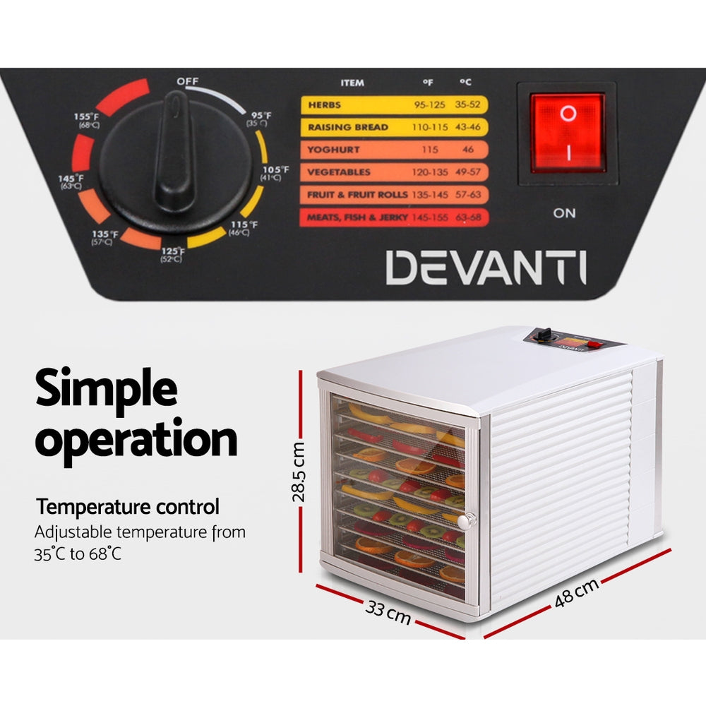 Devanti Stainless Steel Commercial Food Dehydrator with 10 Trays