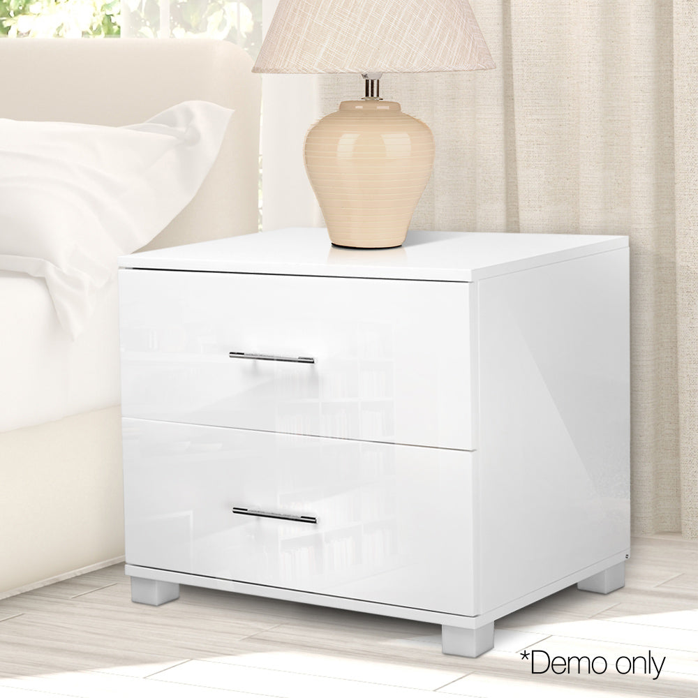 Artiss High Gloss Two Drawers Bedside Table - White