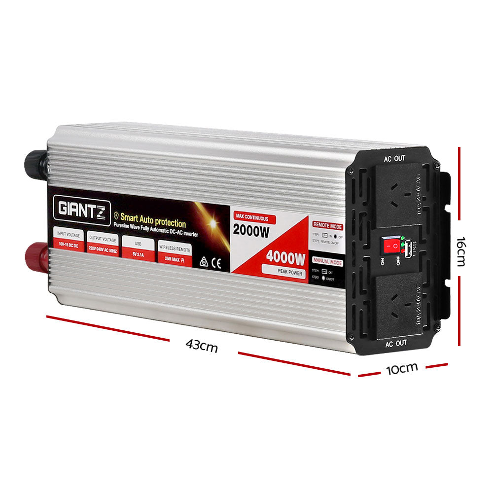 Giantz Power Inverter 2000W or 4000W Pure Sine Wave 12V-240V Camping Boat Caravan