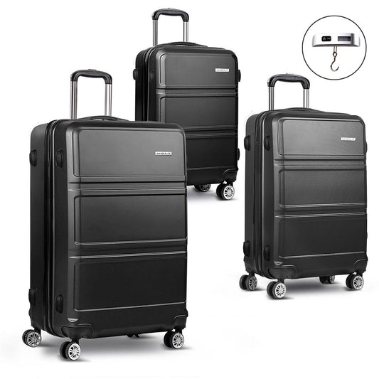 Wanderlite 3 Piece Lightweight Hard Suit Case Luggage Black 