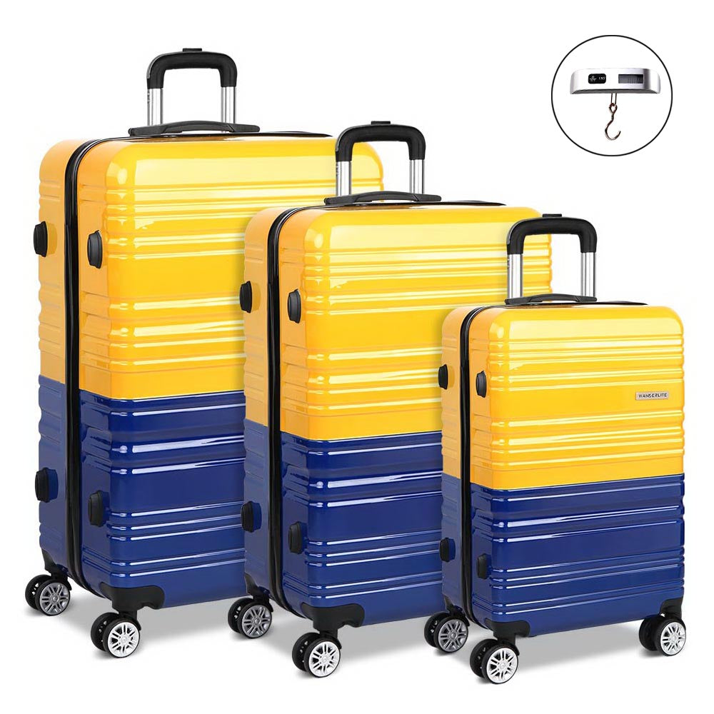 Wanderlite 3 Piece Lightweight Hard Suit Case Luggage Yellow & Purple