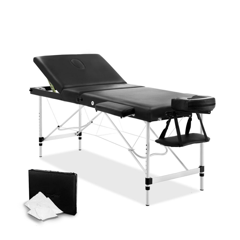 Livemor 3 Fold Portable Aluminium Massage Table - Black