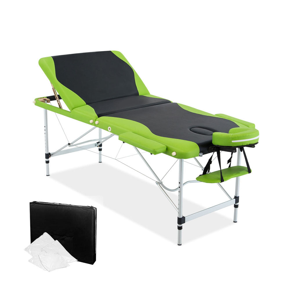 Livemor 3 Fold Portable Aluminium Massage Table - Green & Black