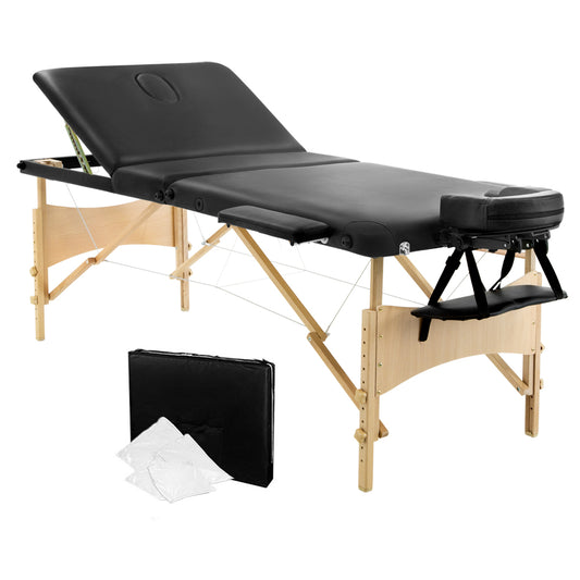 Livemor 3 Fold Portable Wood Massage Table - Black