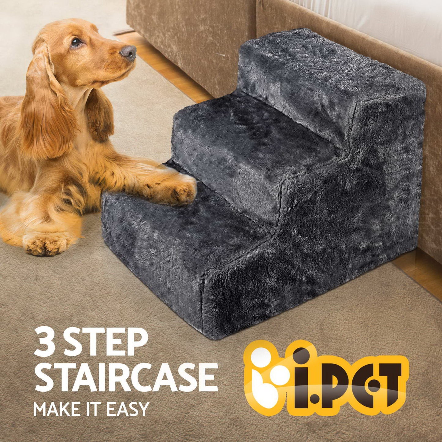 i.Pet 3 Step Plush Pet Steps - Grey