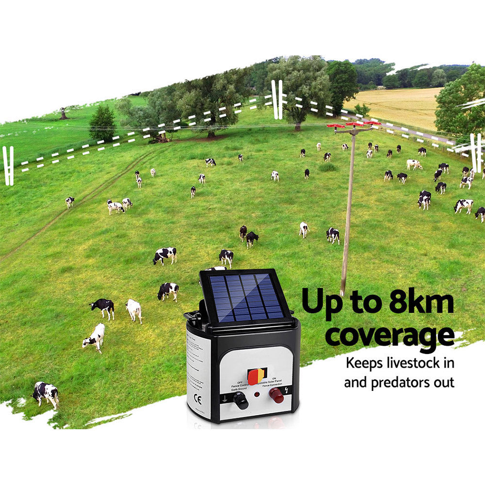 Giantz 8km Solar Power Electric Fence Charger Energiser 0.3J White