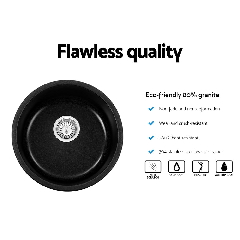 Cefito Stone Kitchen Sink Round 430MM Granite Under/Topmount Basin Bowl Laundry Black