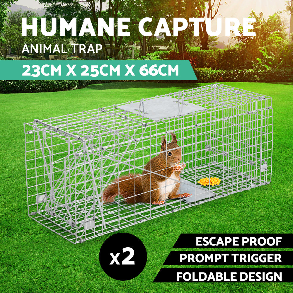 Set of 2 Humane Animal Trap Cage 66 x 23 x 25cm  - Silver