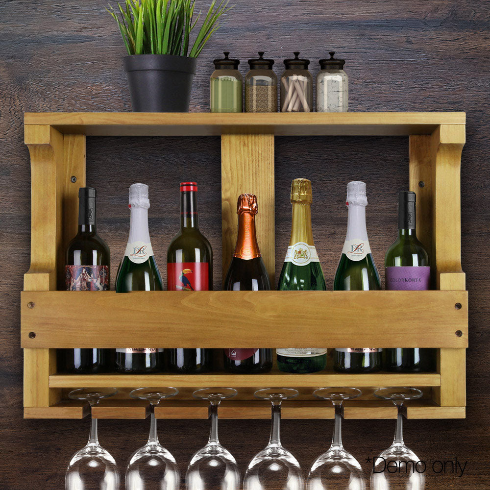 Artiss 7 Bottle Wall Mounted Wine & Glass Rack - Natural